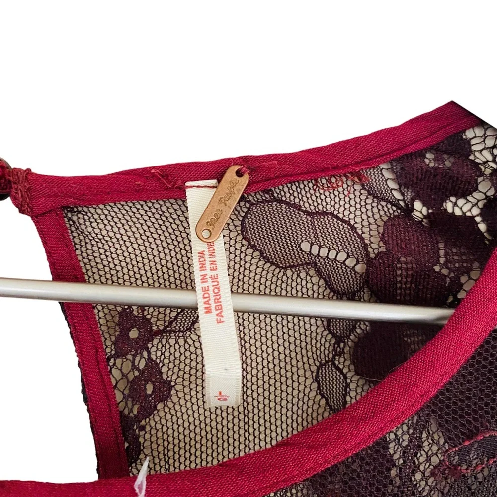 Free People NWT Marlie Lace Mini‎ Velvet Sheer Garnet Smocked Bell Sleeve Dress - Picture 13 of 13